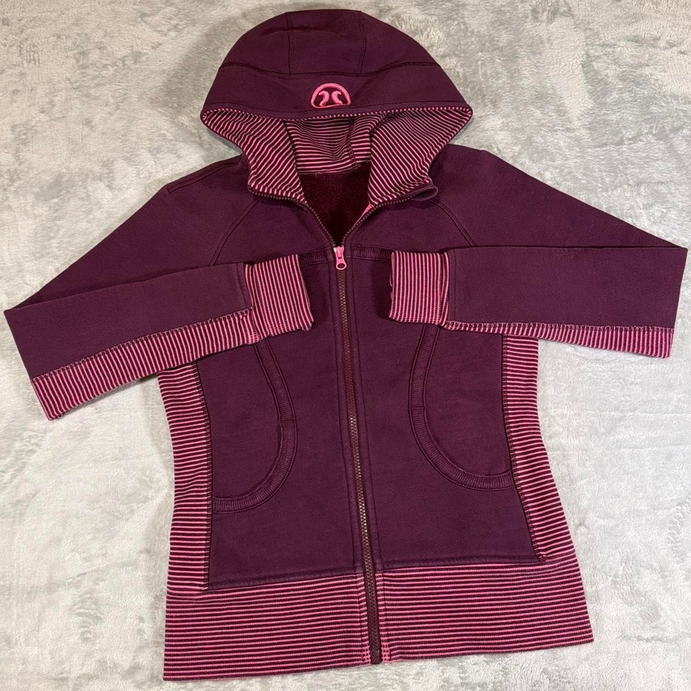 Lululemon Scuba Full Zip Hoodie | Burgundy & Pink Stripe | Size 4